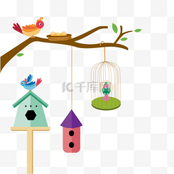 卡通树上挂着鸟笼子免抠图