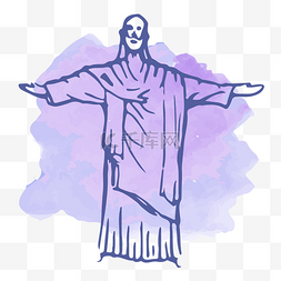耶稣基督像图片_手绘水彩风城市地标巴西耶稣基督