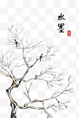 冬季树枝水墨图片_中国风水墨画树枝和鸟