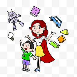 妈妈和儿子图片_卡通母亲节超人妈妈和儿子png透明