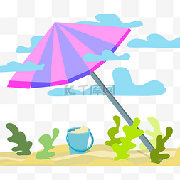 沙滩足球沙滩排球图片_遮阳伞夏季沙滩手绘