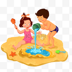 沙滩手绘人物图片_六一沙滩上玩耍的儿童