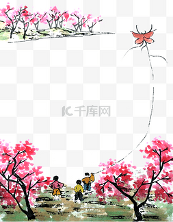 扫墓踏青图片_桃花红花桃林春天装饰边框清明踏