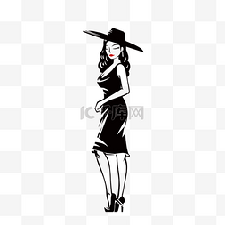 手绘复古时髦黑色连衣裙的女人