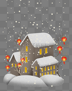 红色的灯笼图片_冬季雪天的房屋