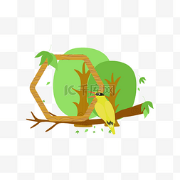 春季树枝边框图片_绿色树林树叶树枝木纹边框黄鹂鸟