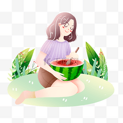 大暑吃西瓜的女孩花草素材