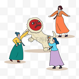 舞蹈黄色图片_手绘卡通韩国传统游戏舞狮插画