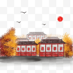 中式风景建筑图片_中国风水墨画秋季风景