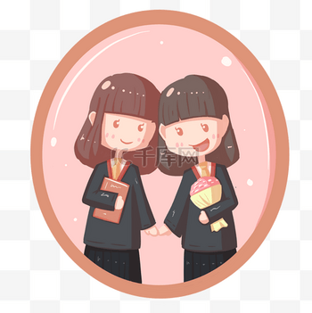 毕业季女生牵手毕业照片卡通人物免扣PNG