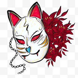狐狸面具手绘图片_手绘日本狐狸面具花朵插画