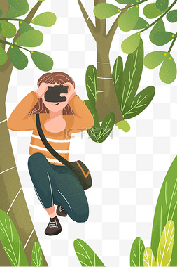 手绘卡通小女孩在树林里拍照元素