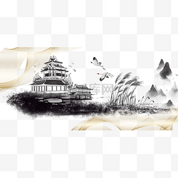 中式山水黑色简约三联装饰画