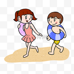 人物玩耍海边图片_卡通夏季儿童沙滩追跑png透明底