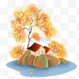 秋季水边的房子和树木