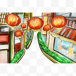 手绘街道建筑图片_手绘中国风购物街道