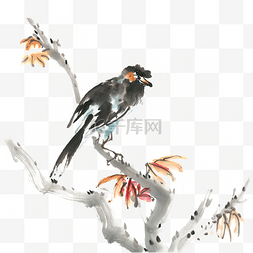 枝头上的乌鸦水墨画PNG免抠素材