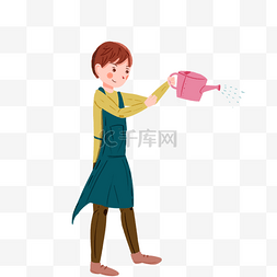 免抠水壶图片_卡通女孩在洒水免抠图