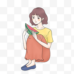 夏天女孩吃西瓜清新唯美插画