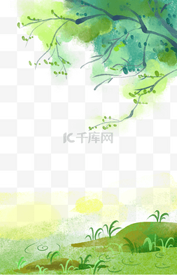 卡通边框图片_中国风水彩树下草地边框