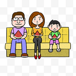 卡通夏季全家人吃西瓜png透明底