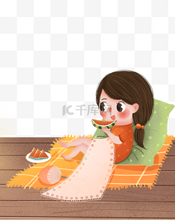 手绘卡通在地上吃西瓜的女孩免扣