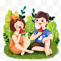 植物朋友图片_夏天盛夏吃西瓜情侣人物免抠png