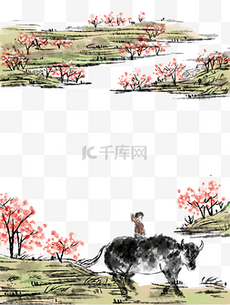 彩色水墨图片_装饰国画桃花水墨黄牛牧童春天清