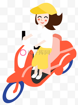 骑电瓶车的橘红色外卖可爱女孩PNG