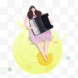 女孩坐月亮上图片_中秋女孩坐在月亮上玩乐器PNG
