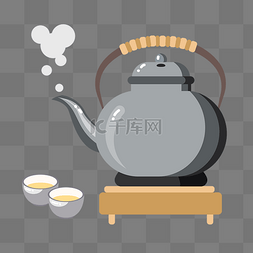 茶叶插画图片_银灰色茶具茶壶插画
