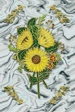 黄绿色装饰图片_晶瓷画理石向日葵花束黄绿色现代