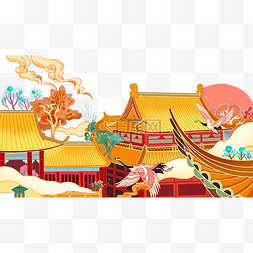 中国风扁平风古风建筑场景