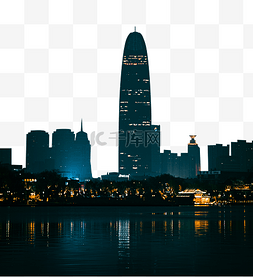 湖畔边夜晚下的高楼大厦及灯光建