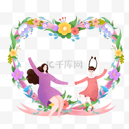 矢量妈妈图片_手绘卡通花朵边框里开心的母女免