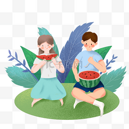 吃西瓜人物图片_夏日吃西瓜野餐手绘插画元素