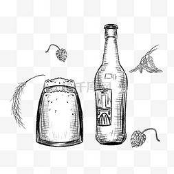 手绘风格黑白素描啤酒瓶