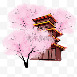 水彩日式 樱花建筑