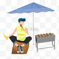 夏天吃烧烤喝啤酒的男孩