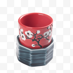 一个红色中国风梅花陶瓷茶杯实拍