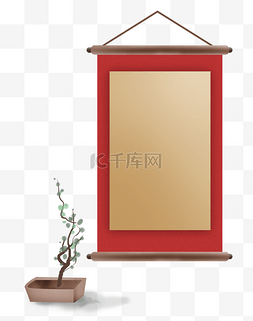 红色卷轴图片_中国风红色卷轴和盆栽