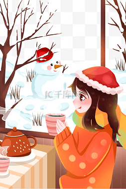 大雪冬天养生喝茶女孩