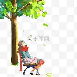 在树下图片_卡通手绘坐在树下的女孩免抠图