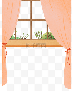 秋天的插画图片_手绘卡通呆粉色窗帘的窗户免扣元