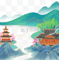 中国风古风建筑山水山峰