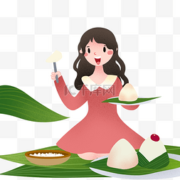 粽子绿叶图片_端午节拿叶子包粽子的女孩插画