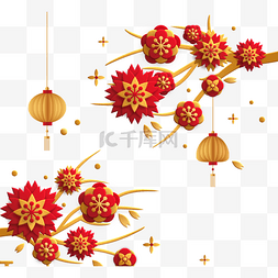 红色中国新年剪纸梅花灯春节新年