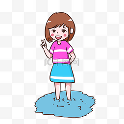 夏天站在水里的女孩手绘插画