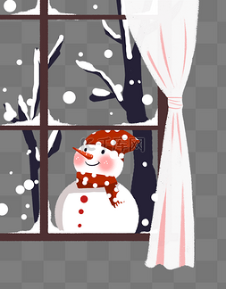 窗外图片_冬季下雪窗帘窗外雪花雪人