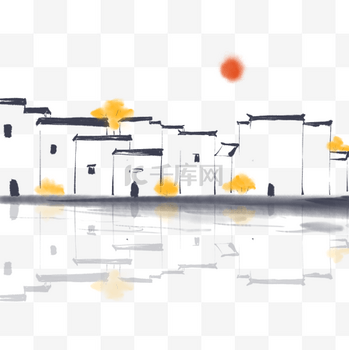 水墨画徽派建筑房子